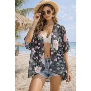 Womens Sheer Floral Kimono Cardigan Open Front Chiffon Boho Cover Up Black Pink